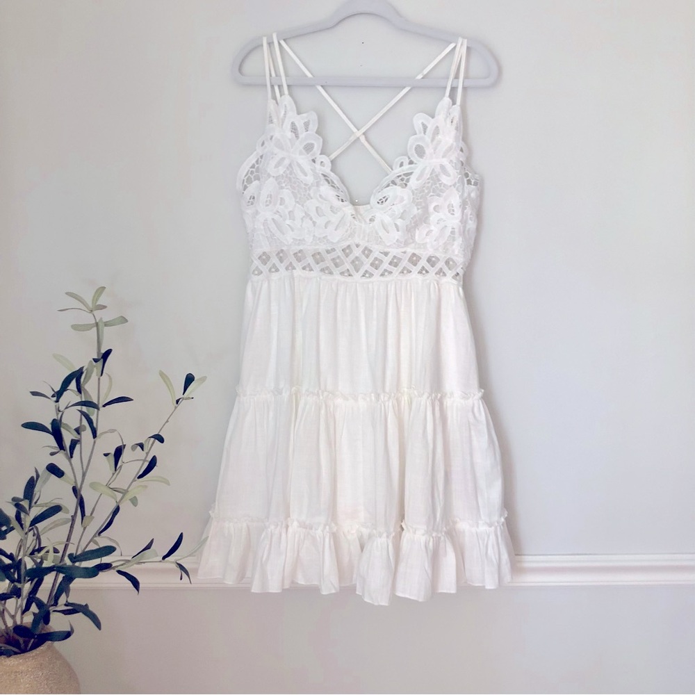 SHEIN VCAY Sun dress Lace Splice Spaghetti Criss Cross Straps with Ruffle Hem